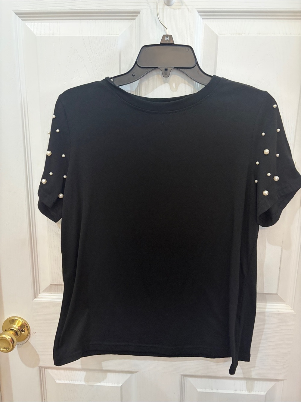 SHEIN Black Short Sleeve Top with Pearl Sleeve Accents